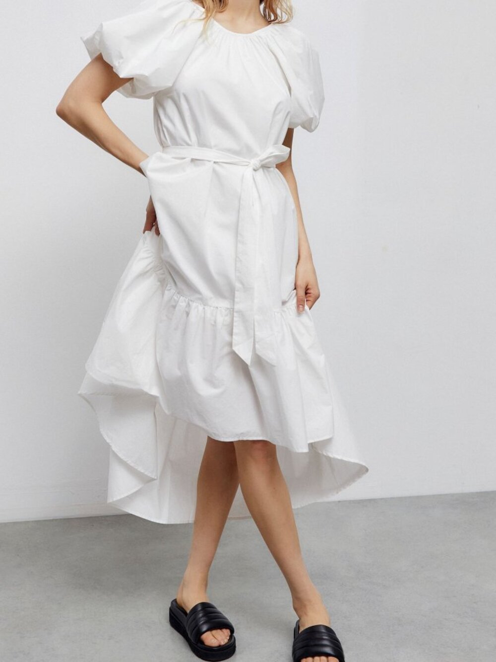 Urban Outfitters White Puff-Sleeve Midi Dress with Waist Tie NWT